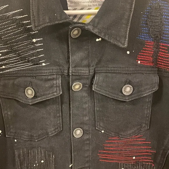 Road Narrows NYC Black Denim Button Down Jacket Size L Embroidered Distressed - Picture 3 of 16